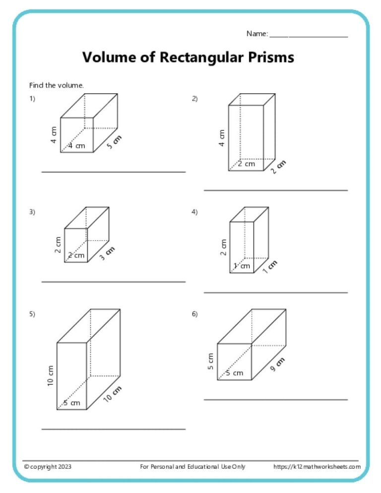 Volume And Surface Area Of Rectangular Prisms K12 Math Worksheets