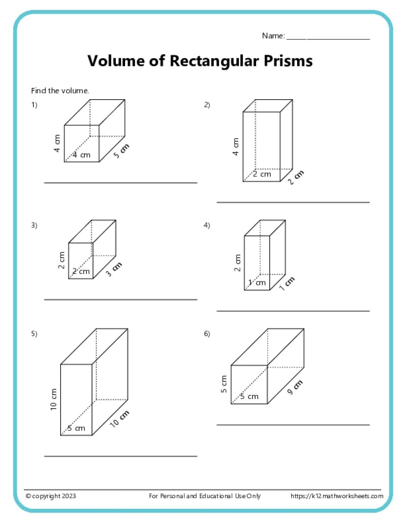 Volume And Surface Area Of Rectangular Prisms K12 Math Worksheets