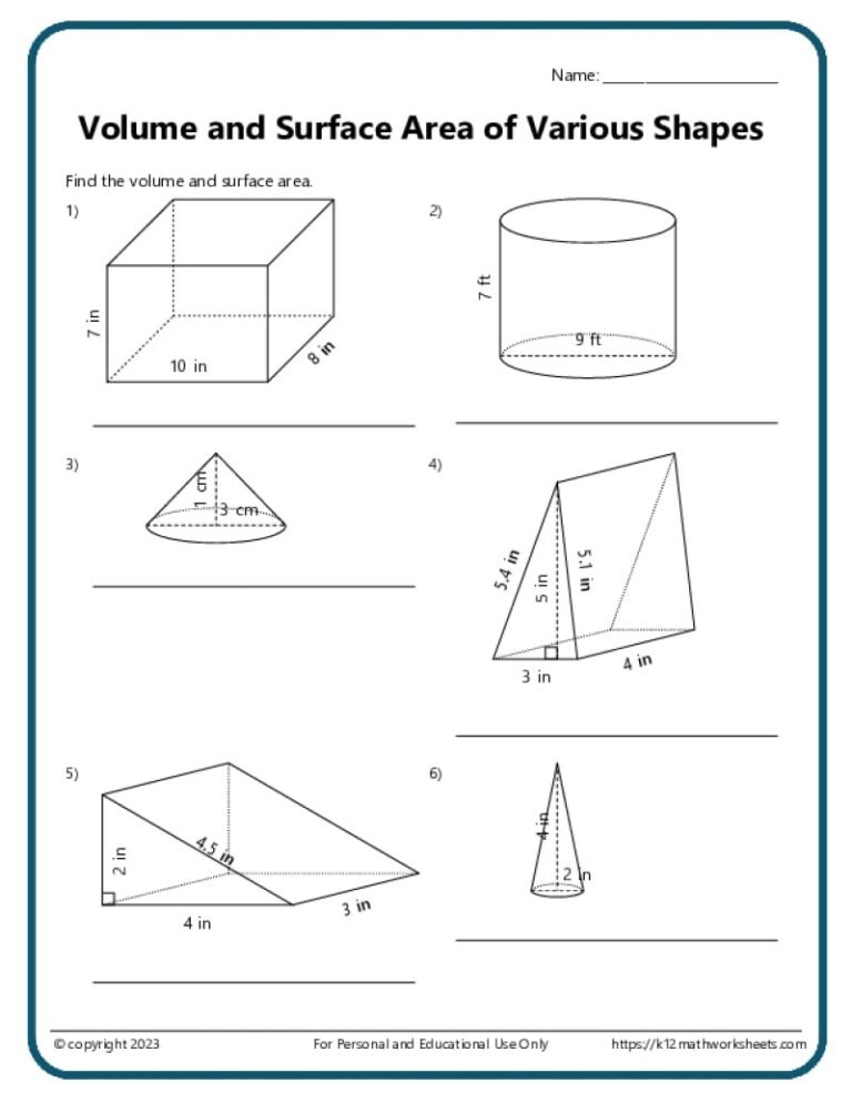 Volume And Surface Area Of Various Shapes K12 Math Worksheets