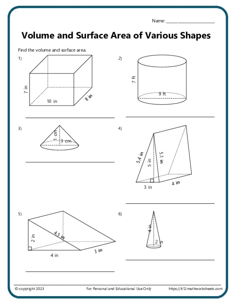 Volume And Surface Area Of Various Shapes K12 Math Worksheets