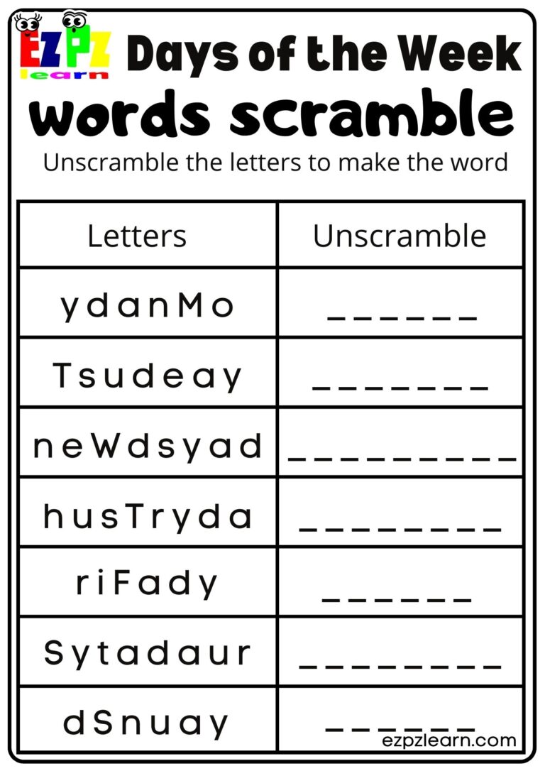 Word Scramble Days Of The Week Kids Activity Ezpzlearn