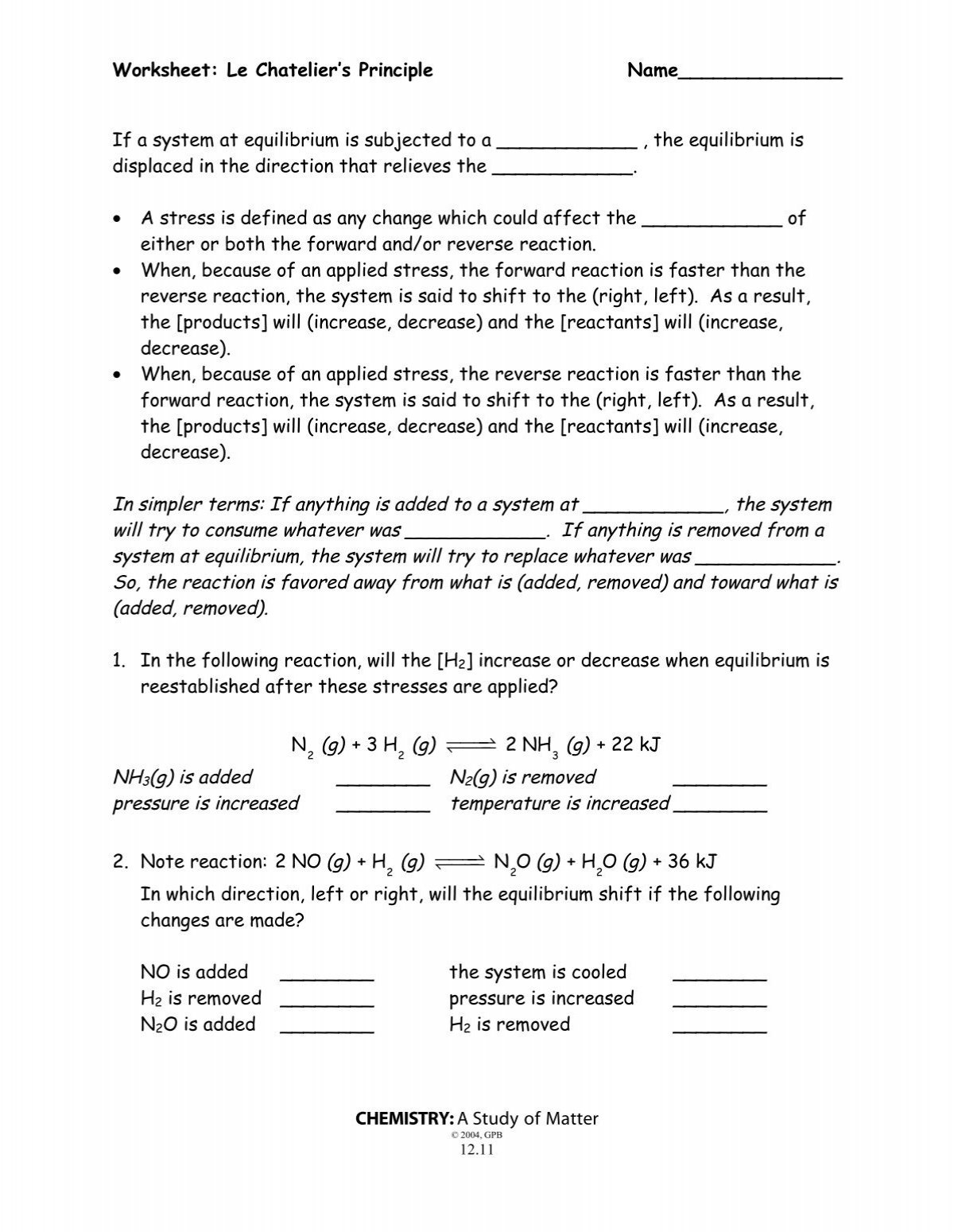 Worksheet Le Chatelier s Principle Name 
