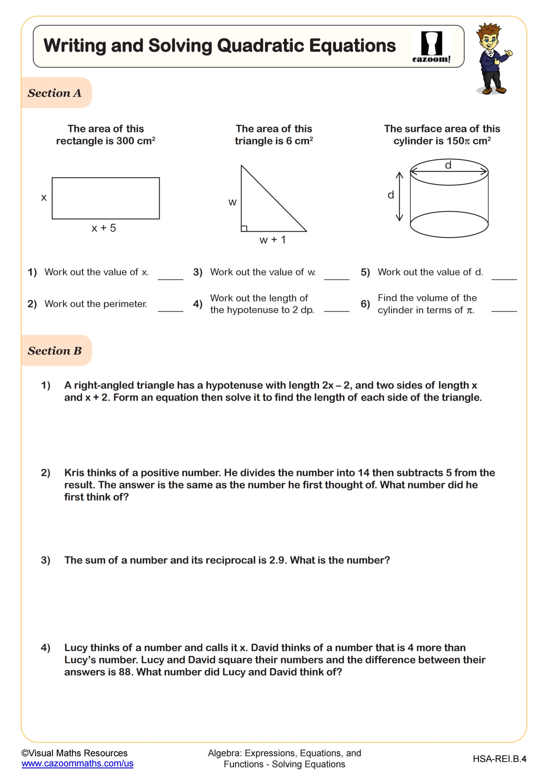 Writing And Solving Quadratic Equations Worksheet PDF Printable Algebra Worksheet Cazoom Math