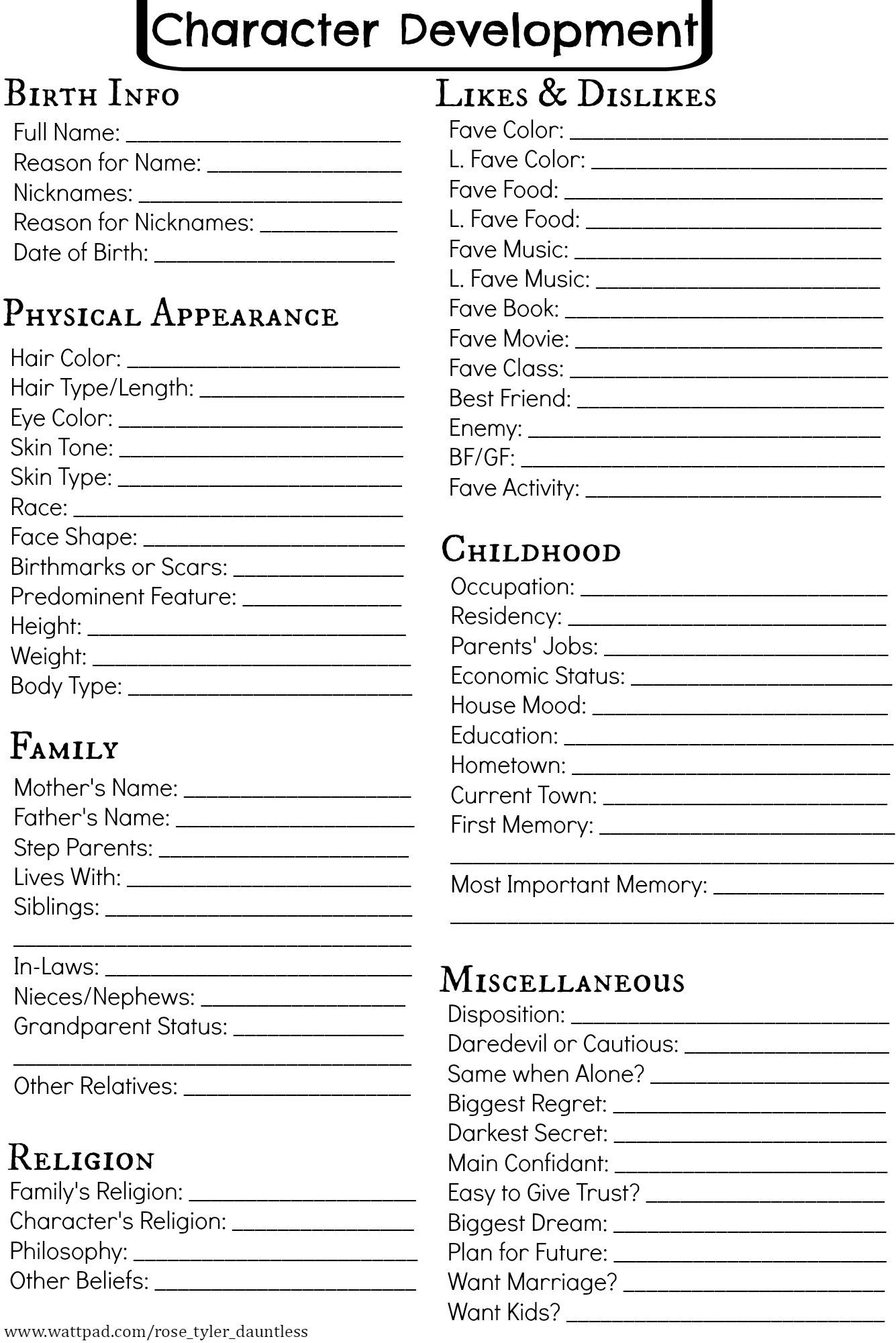 Writing Inspiration Character Development Chart Fill One Out Worksheets Library